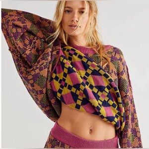 Free People Beach Malibu Pattern Reversible Bright Plum Combo Sweater Size XS